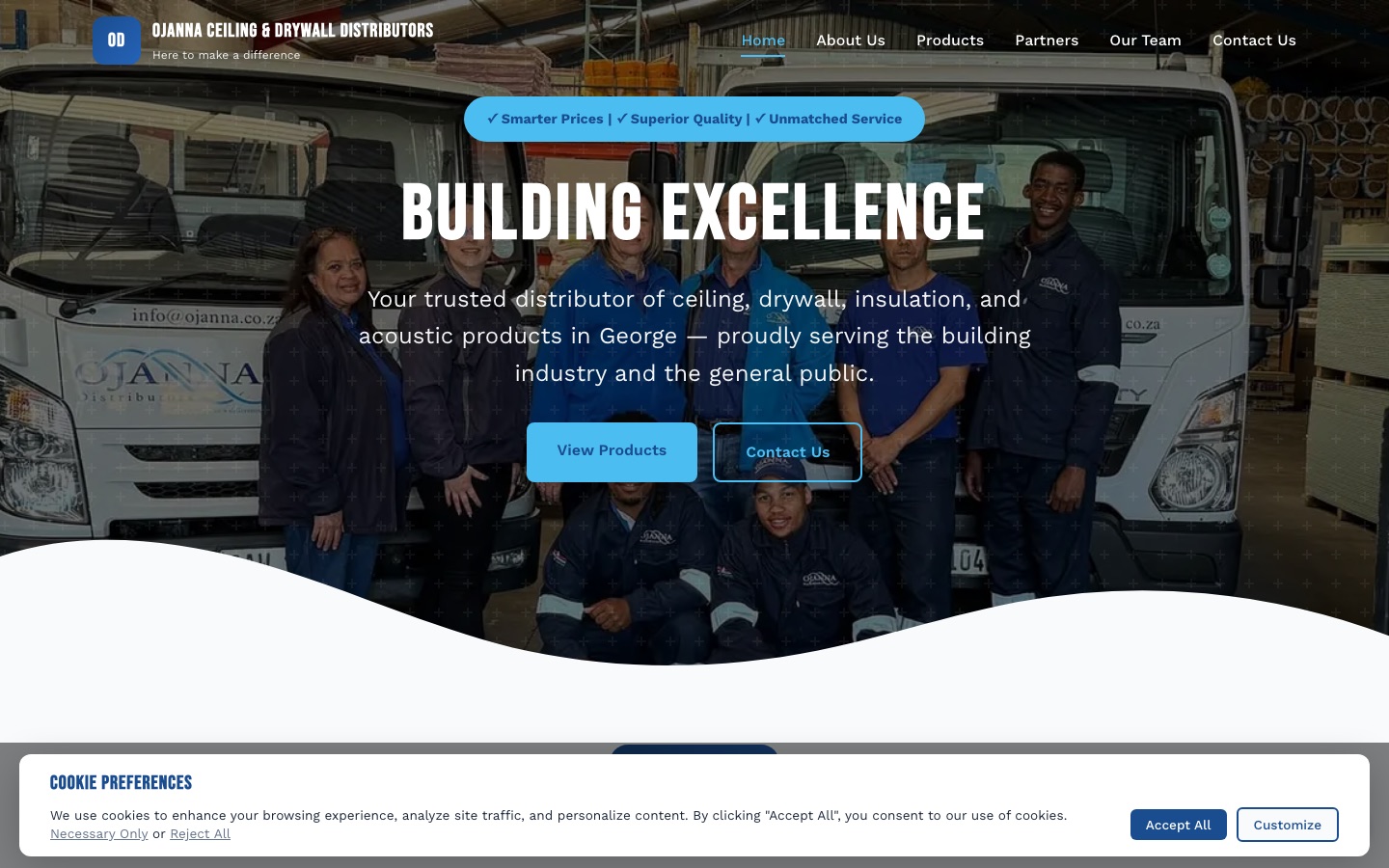 Ojanna Ceiling and Drywall Distributors website homepage